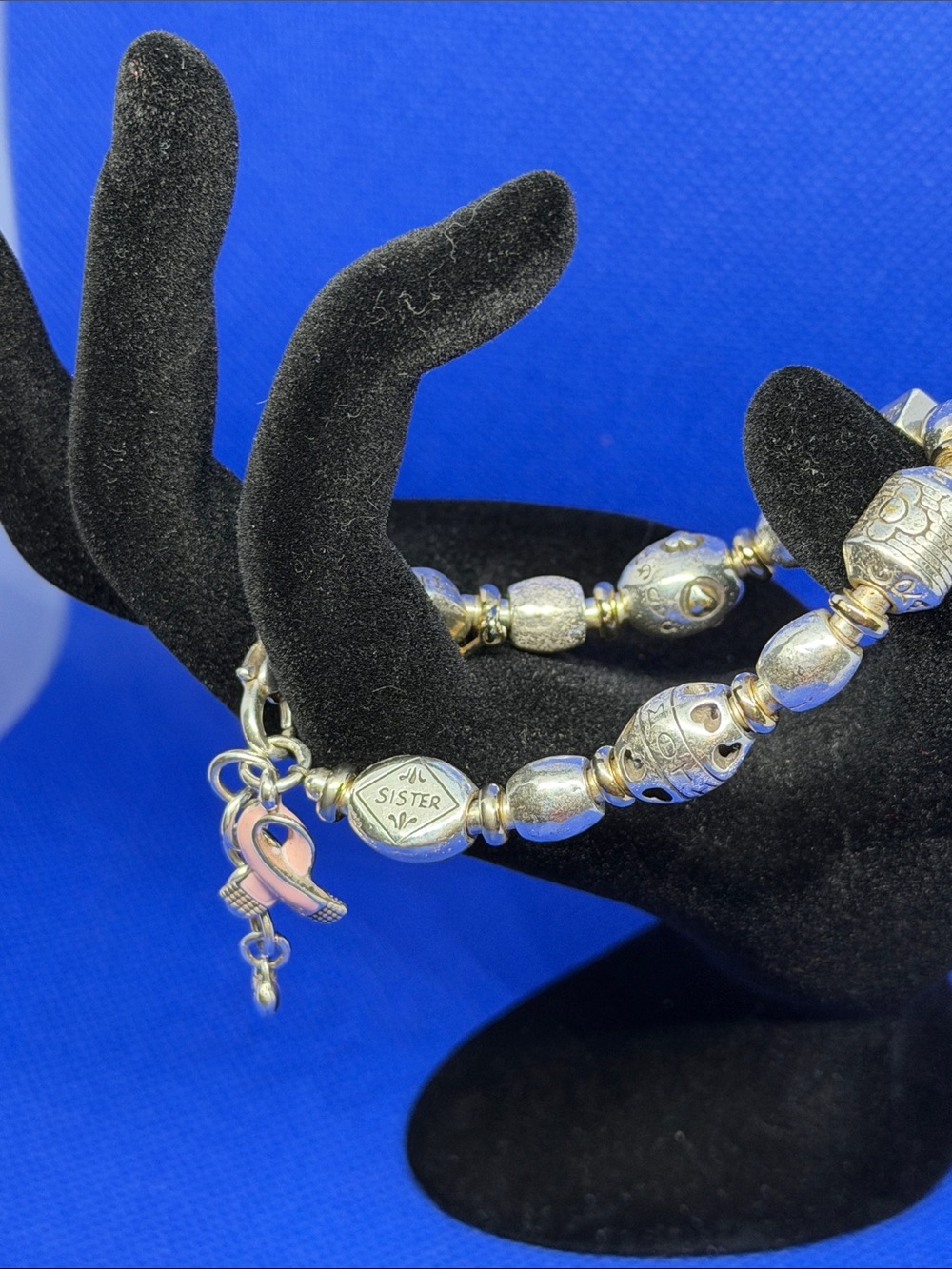 Brighton Silver-Tone 'SISTER' Beaded Bracelet with Pink Ribbon Charm